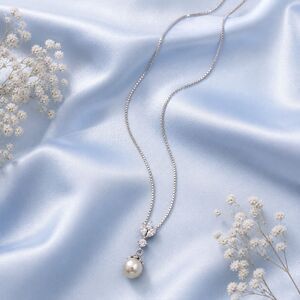 Mariell Signed Faux Pearl and Crystal Pendant Necklace